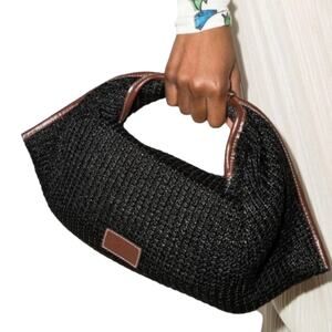 Staud - Women's 'Jetson' Raffia Leather Clutch Handbag, Black Mahogany, One-Size